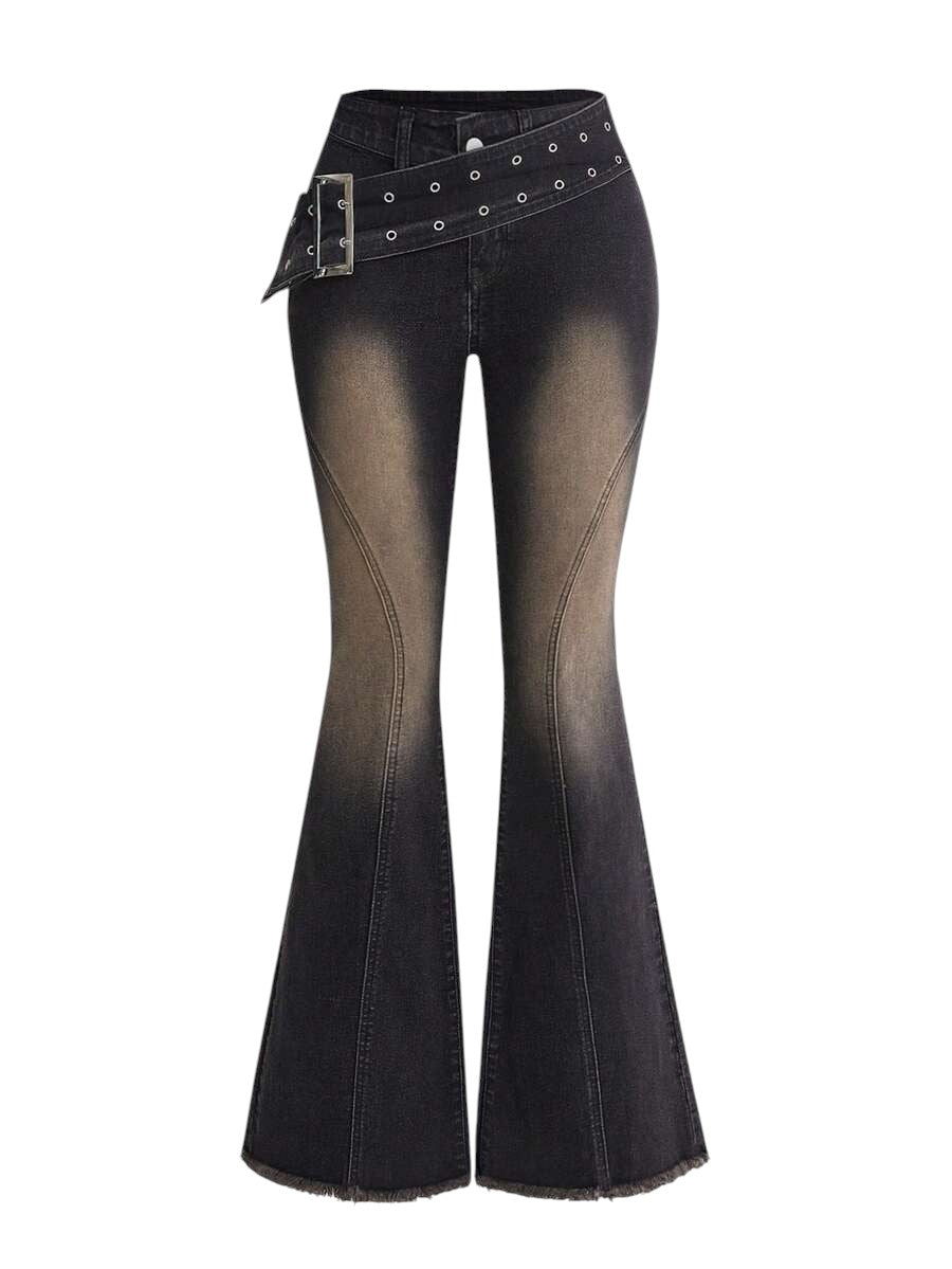 Women's Vintage Punk Metal Buckle Belt Low Rise Distressed Flare Jeans