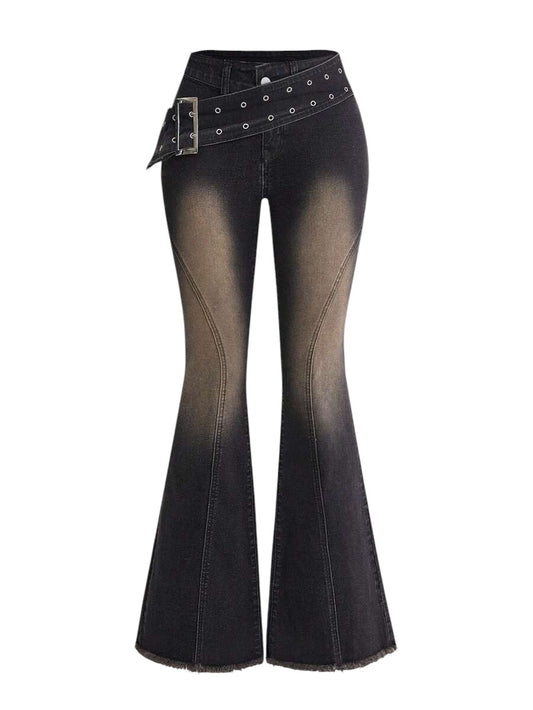 Women's Vintage Punk Metal Buckle Belt Low Rise Distressed Flare Jeans