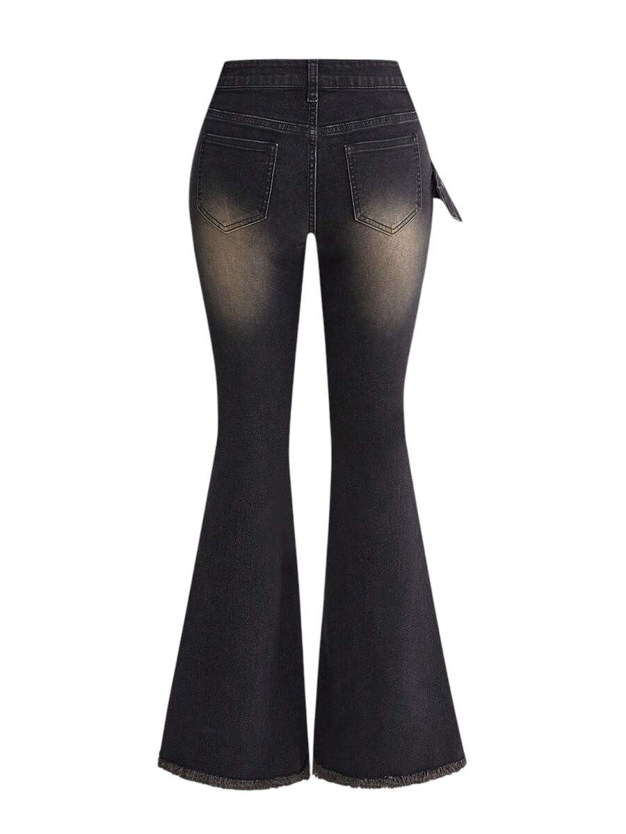 Women's Vintage Punk Metal Buckle Belt Low Rise Distressed Flare Jeans