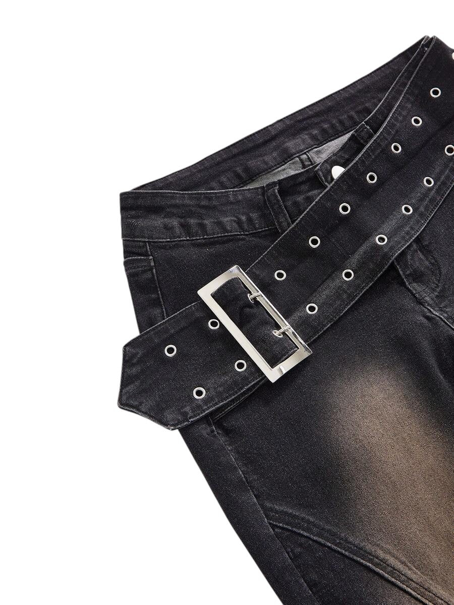 Women's Vintage Punk Metal Buckle Belt Low Rise Distressed Flare Jeans