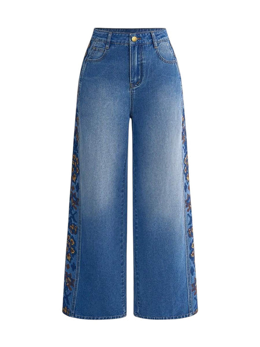 Unisex Low Rise Floral Embroidered Loose Denim Jeans