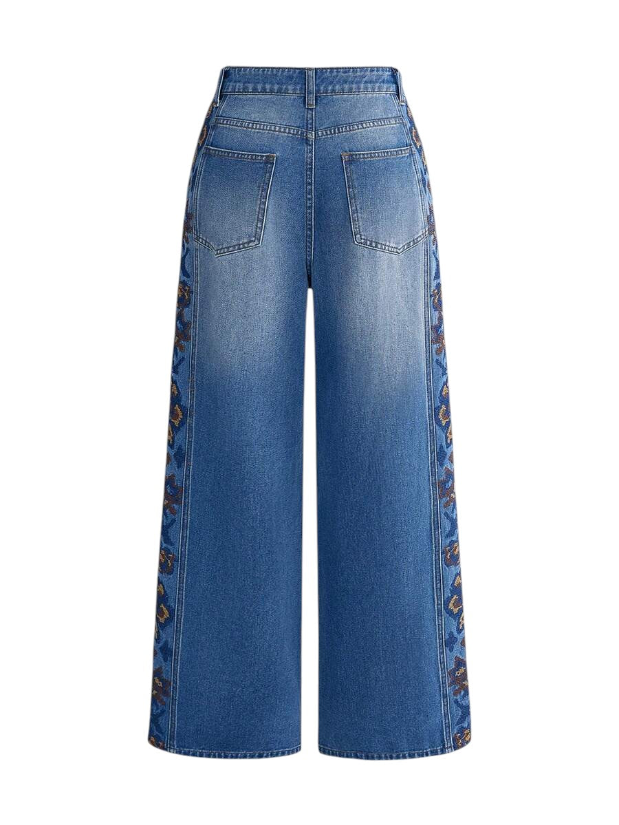 Unisex Low Rise Floral Embroidered Loose Denim Jeans