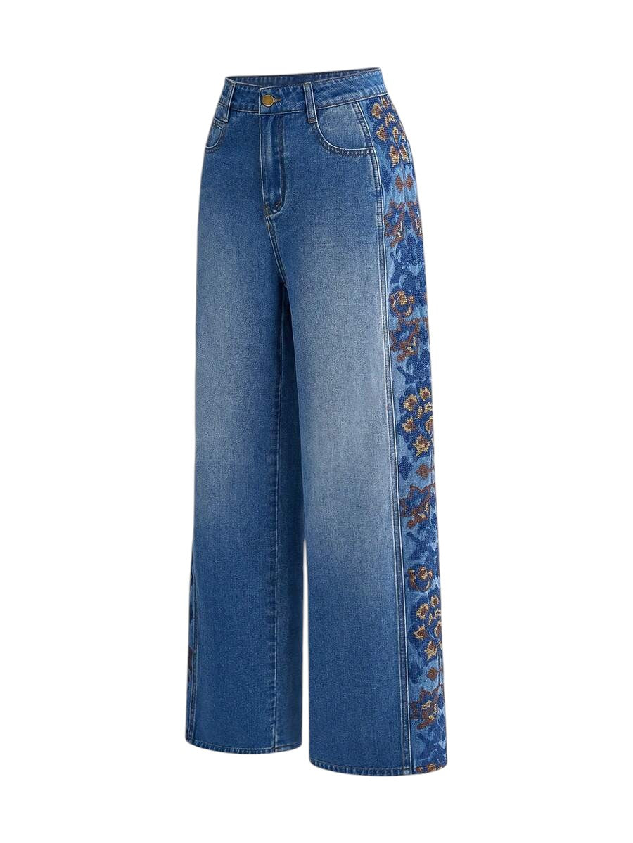 Unisex Low Rise Floral Embroidered Loose Denim Jeans