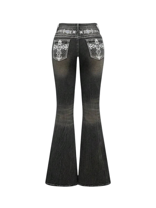 Volcanic Grey Y2K Cross Wing Embroidered Slim Flare Denim Jeans