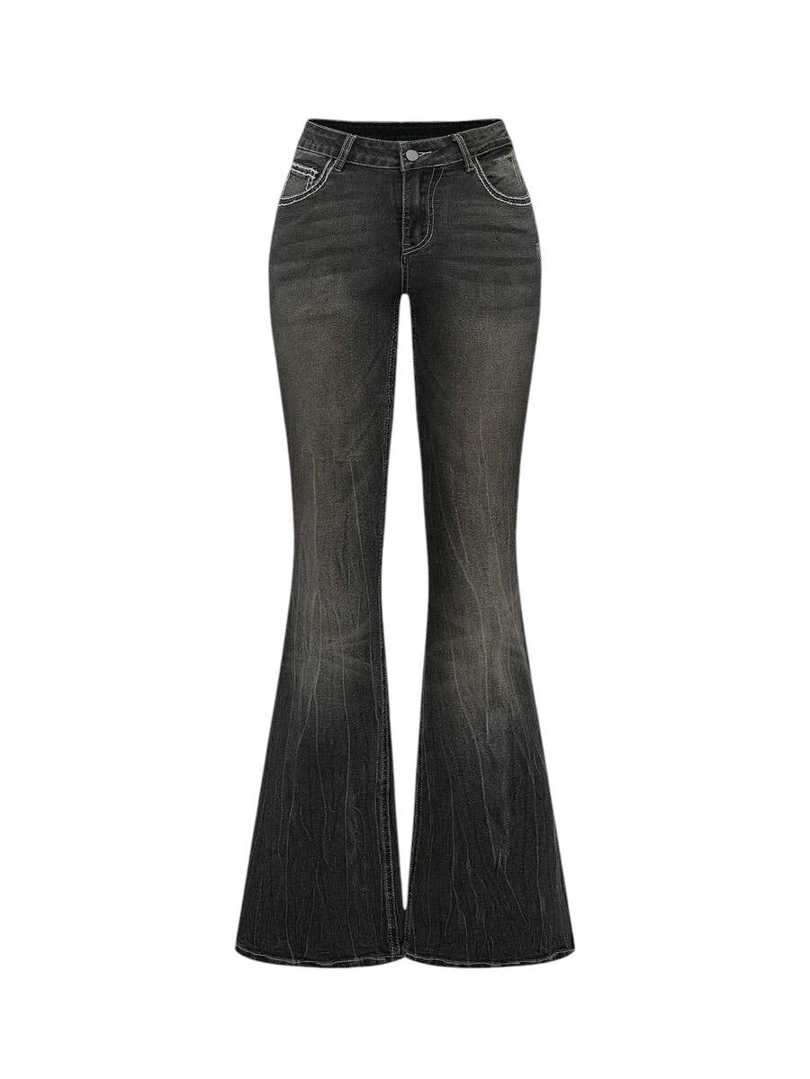 Volcanic Grey Y2K Cross Wing Embroidered Slim Flare Denim Jeans