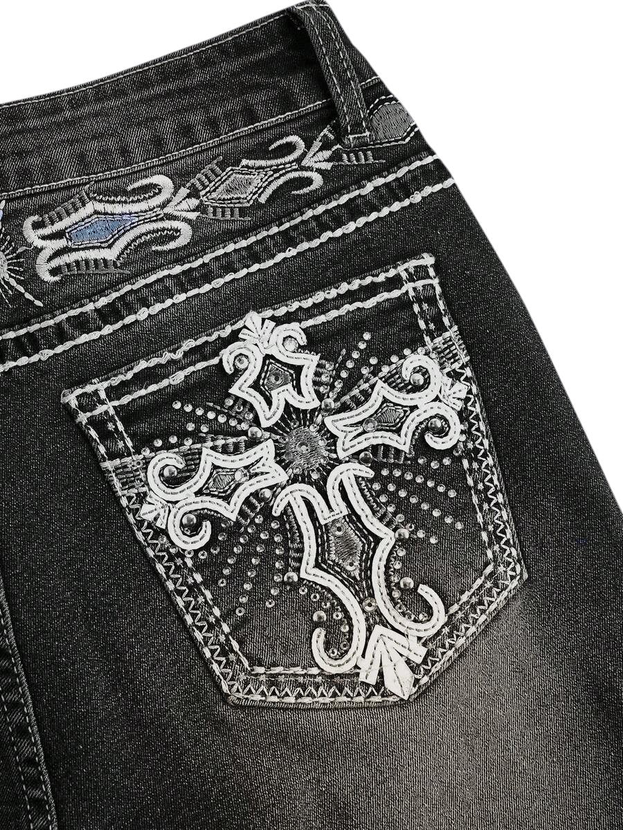 Volcanic Grey Y2K Cross Wing Embroidered Slim Flare Denim Jeans