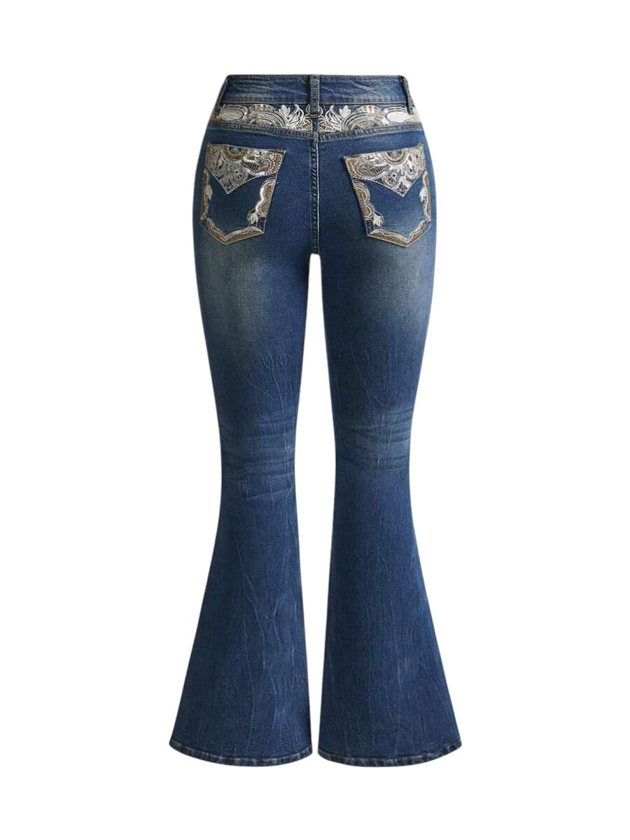 Blue Retro Cashew Flower Embroidered Slim Flare Denim Jeans