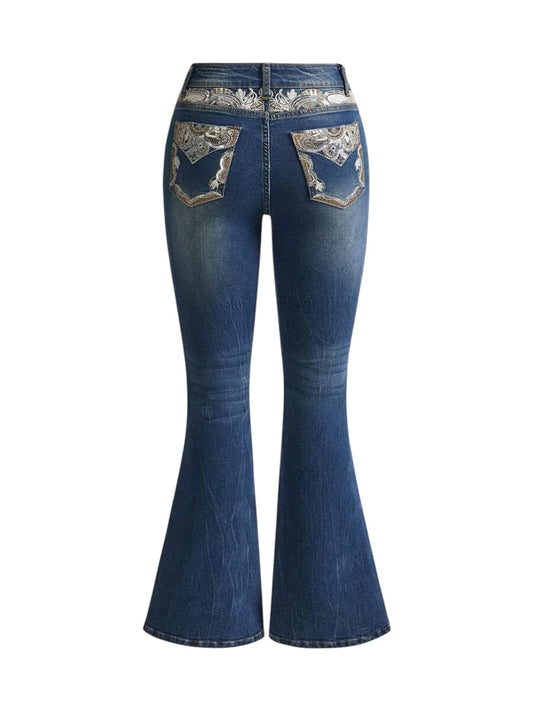 Blue Retro Cashew Flower Embroidered Slim Flare Denim Jeans
