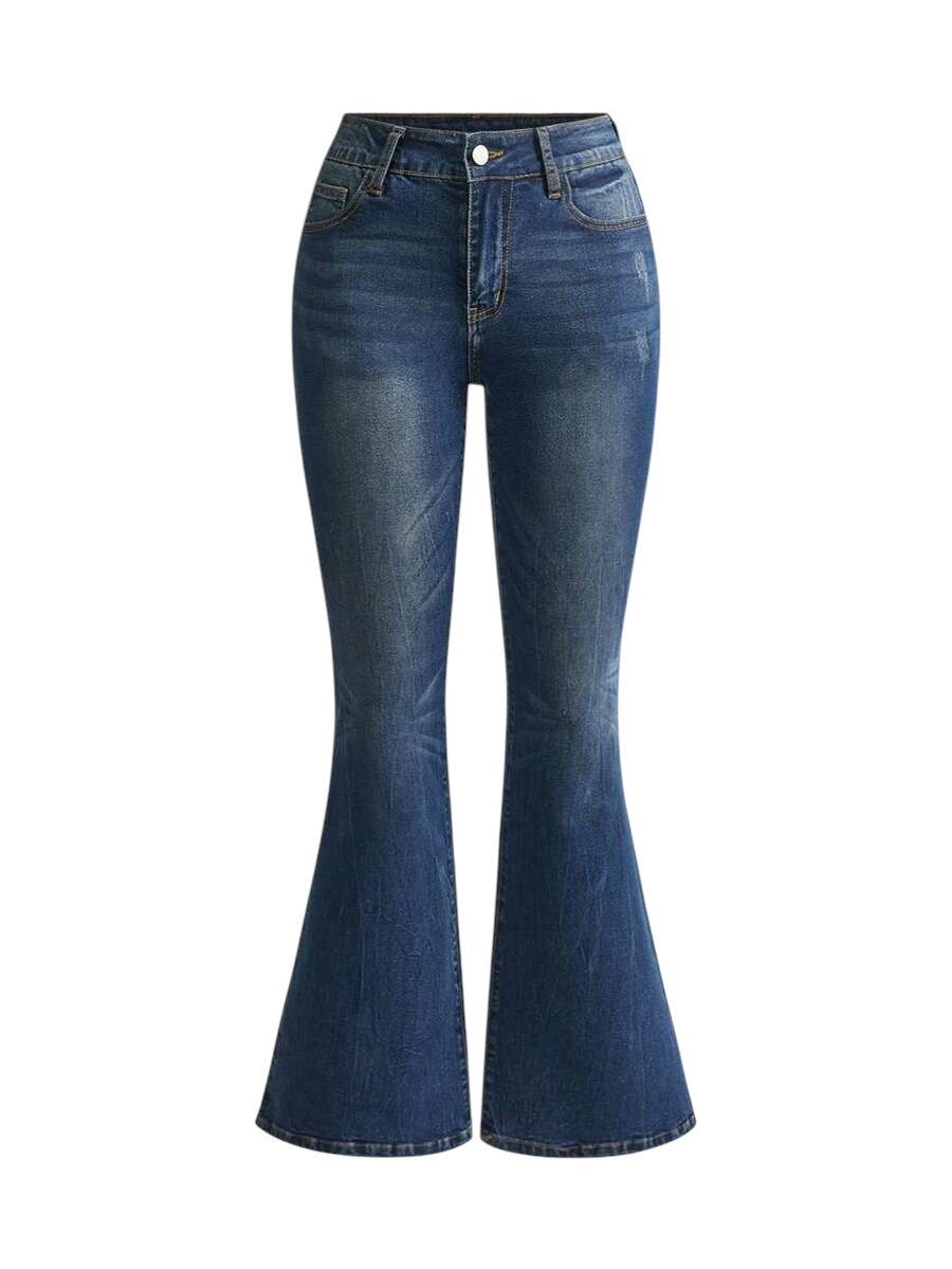 Blue Retro Cashew Flower Embroidered Slim Flare Denim Jeans