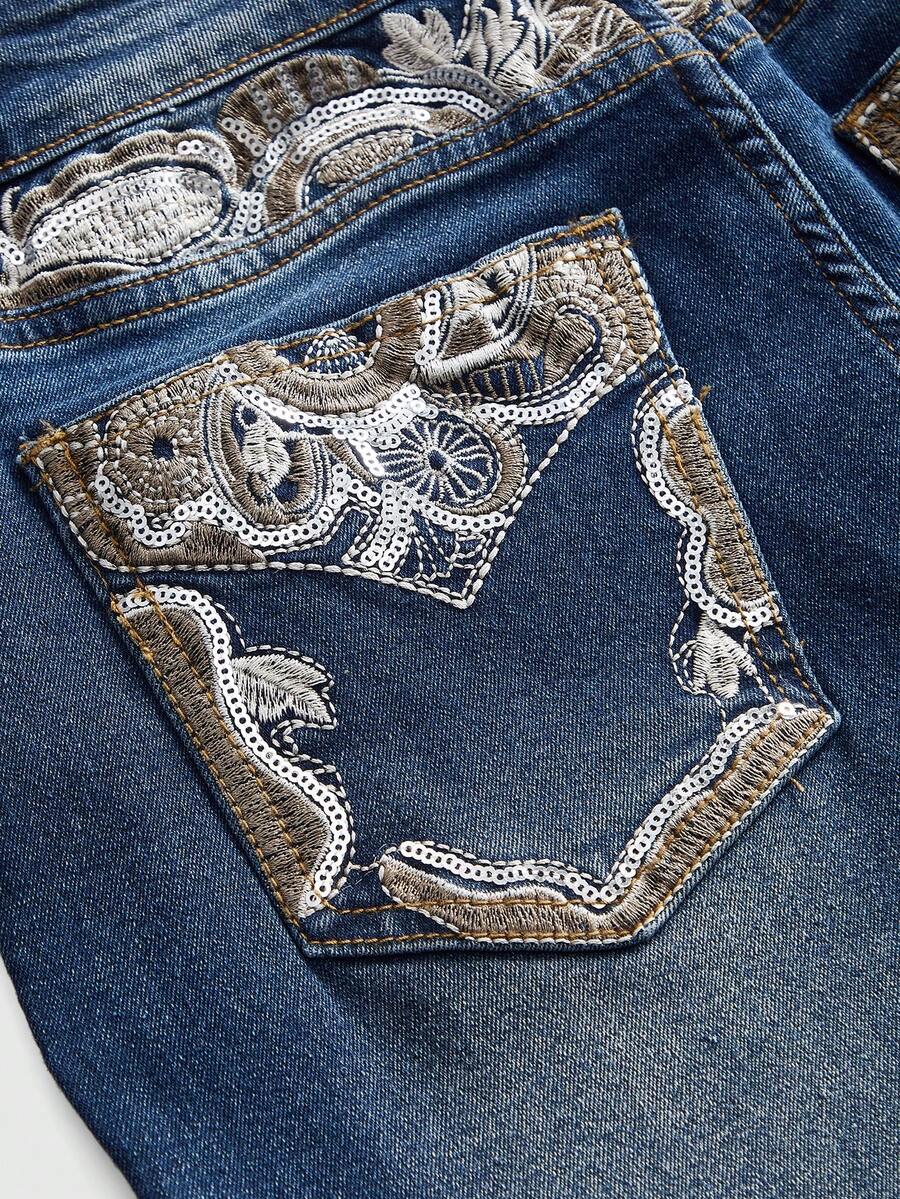Blue Retro Cashew Flower Embroidered Slim Flare Denim Jeans