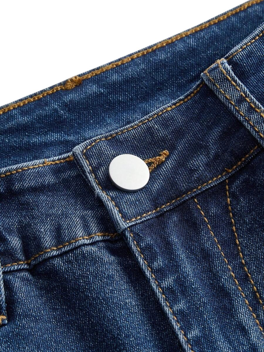 Blue Retro Cashew Flower Embroidered Slim Flare Denim Jeans