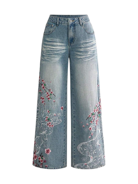 Chinese Tiger Embroidered Wide Leg Blue Denim Jeans