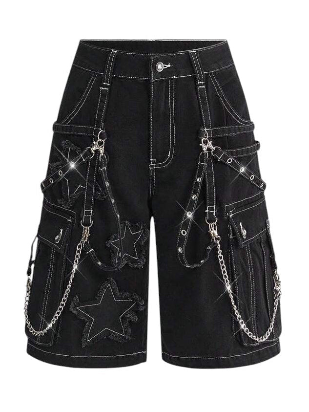 Black Punk Rivet Wide Leg Denim Capri Pants