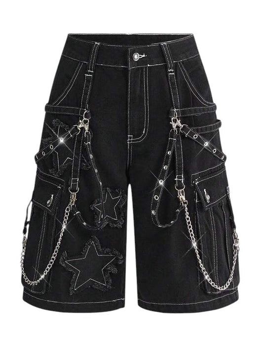 Black Punk Rivet Wide Leg Denim Capri Pants