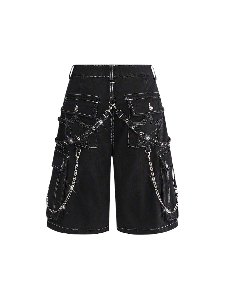 Black Punk Rivet Wide Leg Denim Capri Pants