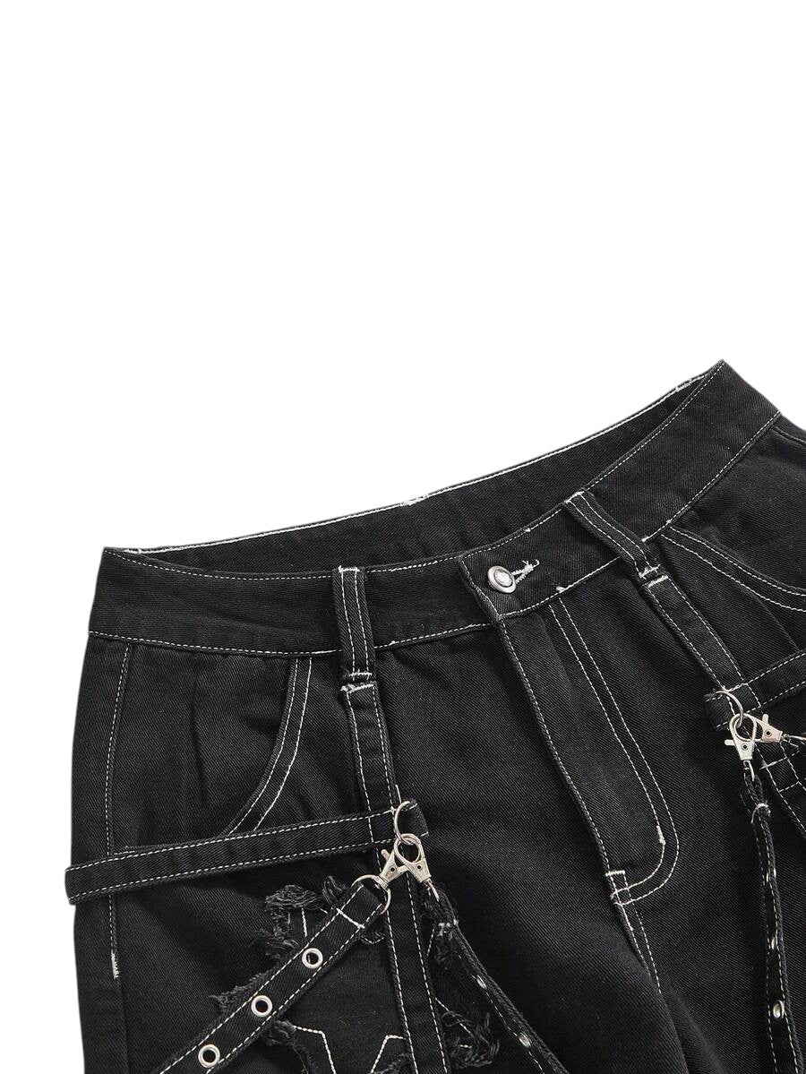 Black Punk Rivet Wide Leg Denim Capri Pants