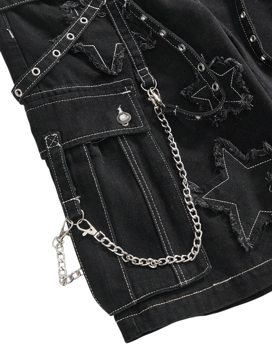 Black Punk Rivet Wide Leg Denim Capri Pants