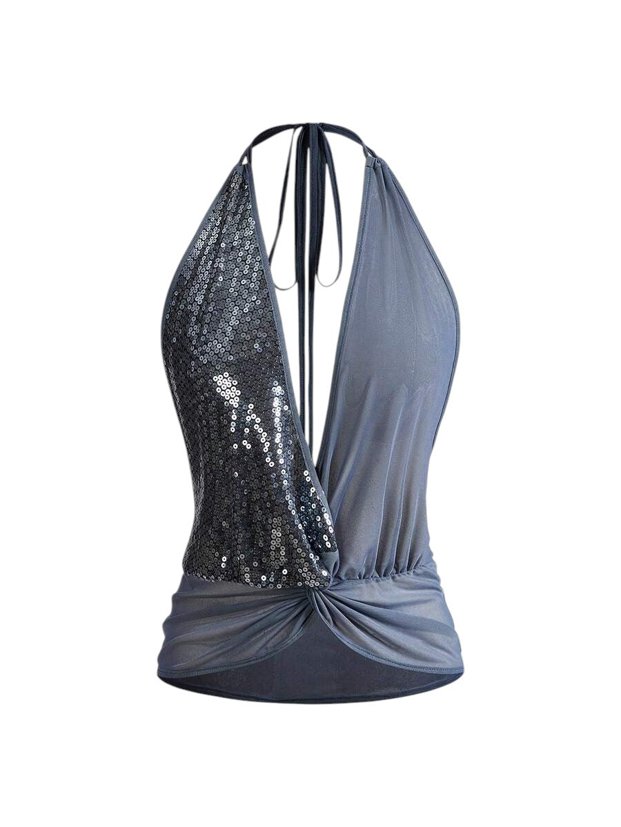 Women's Y2K Glitter Mesh Cowl Neck Tank Top