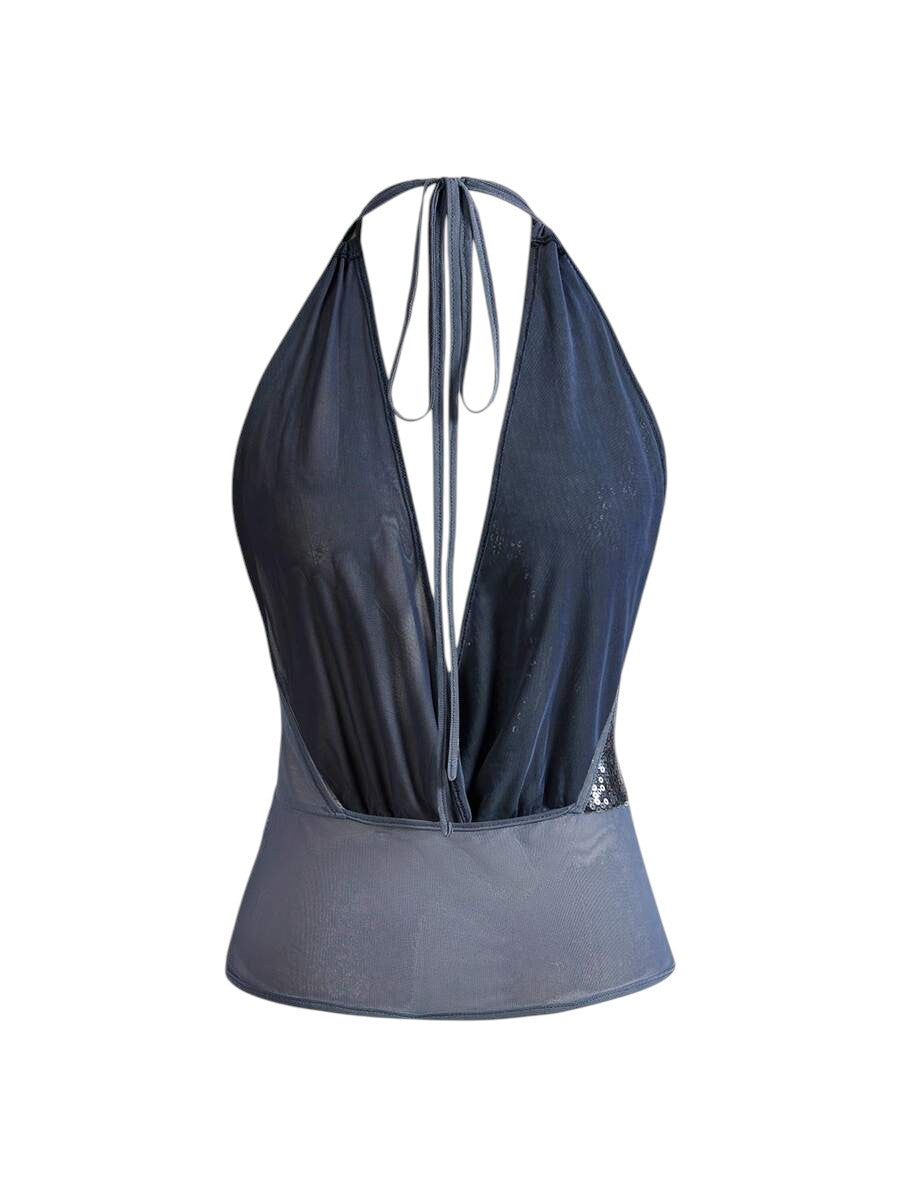 Women's Y2K Glitter Mesh Cowl Neck Tank Top