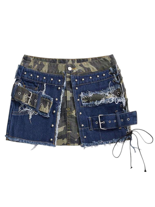 Women's Camo Patch Rivet Denim Mini Skirt