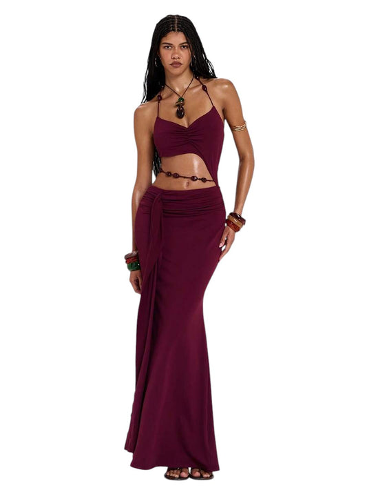 Y2K Cutout Beaded Tie Front Bodycon Cami Maxi Dress for Resort & Vacation