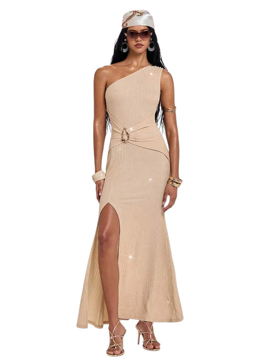 Y2K Glitter Asymmetric Neck High Slit Mermaid Dress
