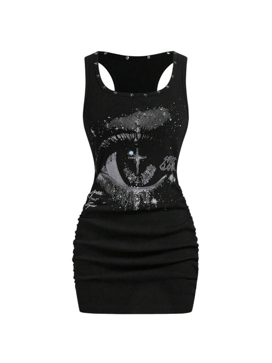 Women's Black Star Rivet Graphic Bodycon Mini Dress