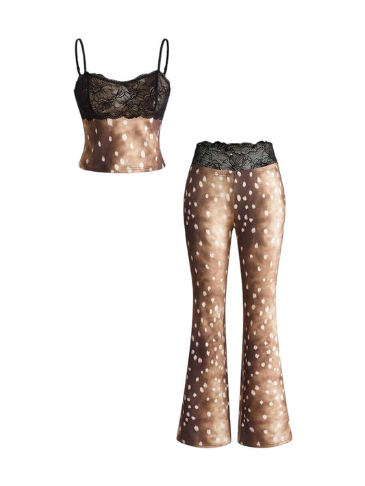 Y2K Deer Print Lace Patchwork Crop Top & Low Waist Flare Pants Co-Ord Set