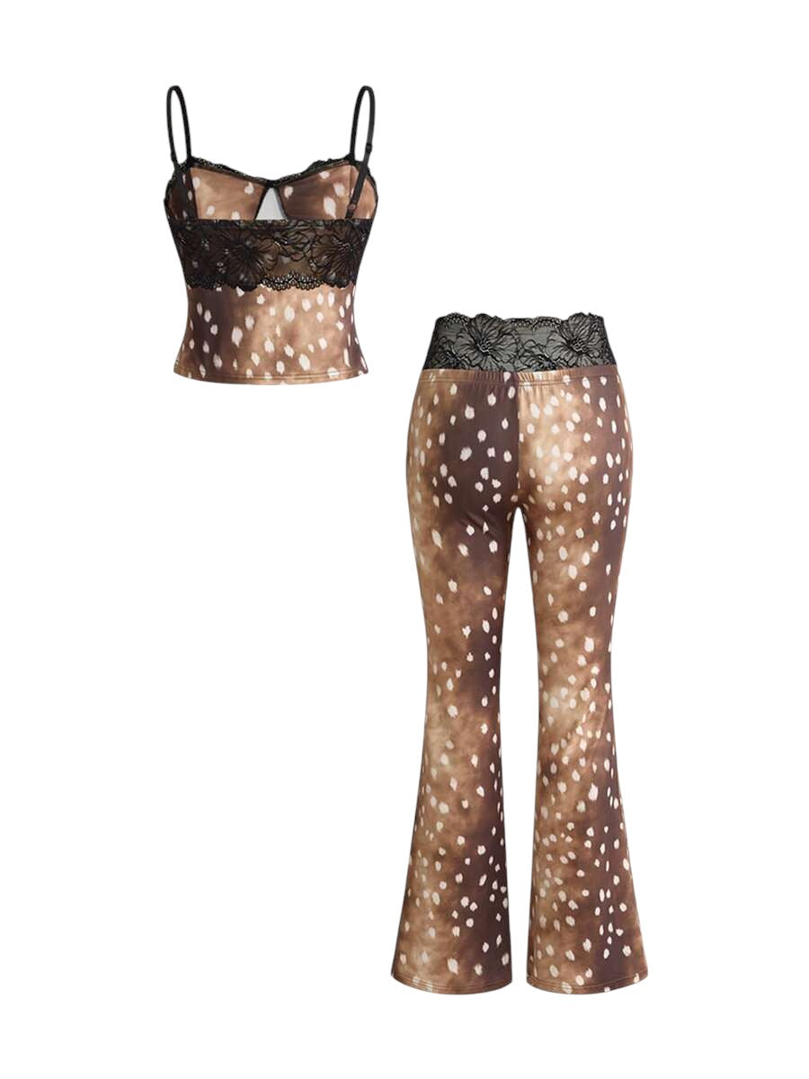 Y2K Deer Print Lace Patchwork Crop Top & Low Waist Flare Pants Co-Ord Set