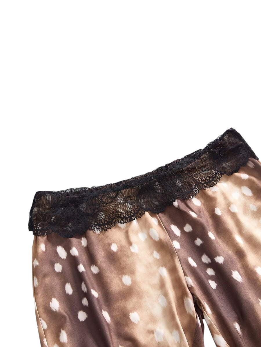 Y2K Deer Print Lace Patchwork Crop Top & Low Waist Flare Pants Co-Ord Set