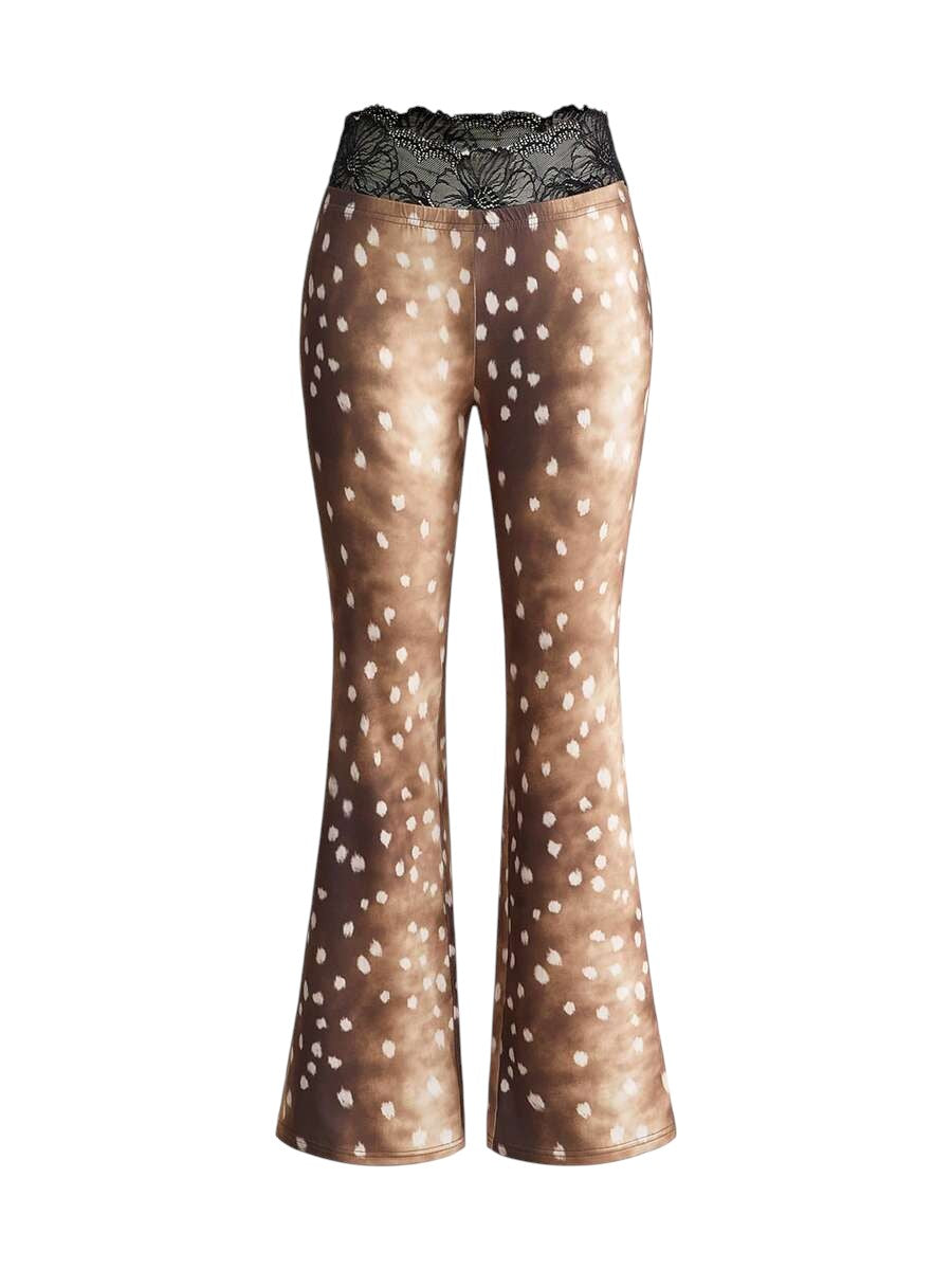 Y2K Deer Print Lace Patchwork Crop Top & Low Waist Flare Pants Co-Ord Set