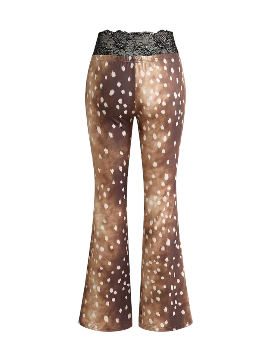 Y2K Deer Print Lace Patchwork Crop Top & Low Waist Flare Pants Co-Ord Set