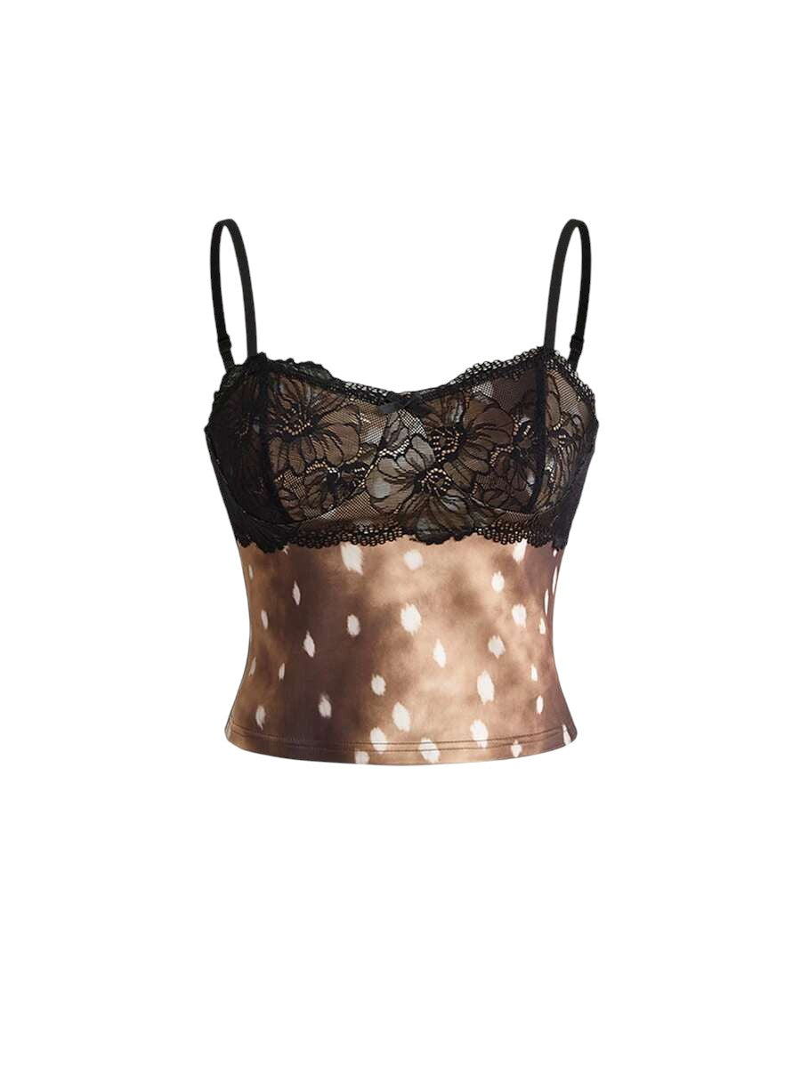 Y2K Deer Print Lace Patchwork Crop Top & Low Waist Flare Pants Co-Ord Set