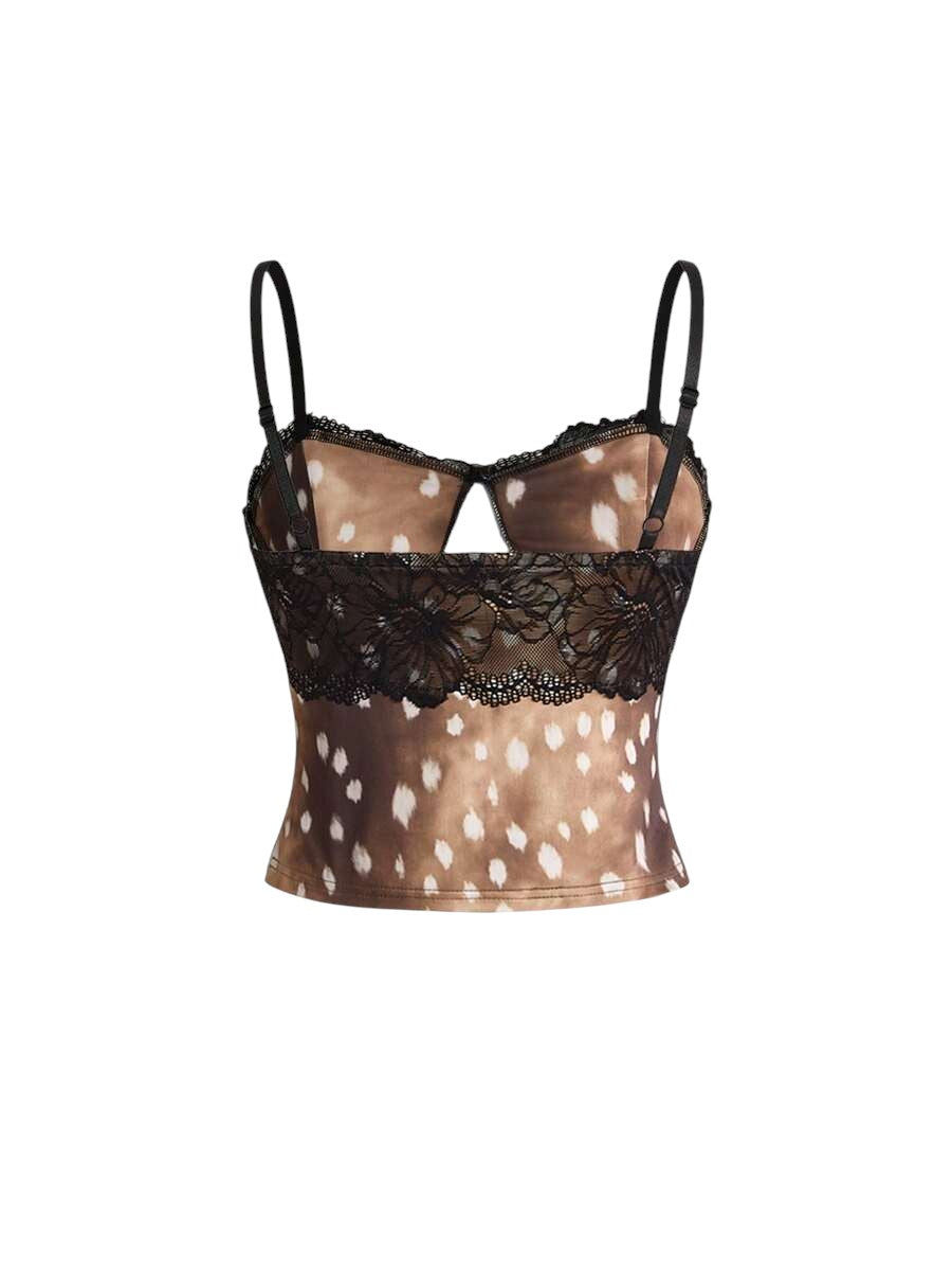 Y2K Deer Print Lace Patchwork Crop Top & Low Waist Flare Pants Co-Ord Set