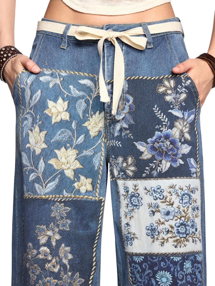 Vintage Patchwork Print Medium Wash Straight Leg Denim Jeans