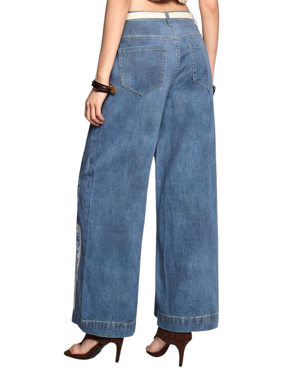 Vintage Patchwork Print Medium Wash Straight Leg Denim Jeans