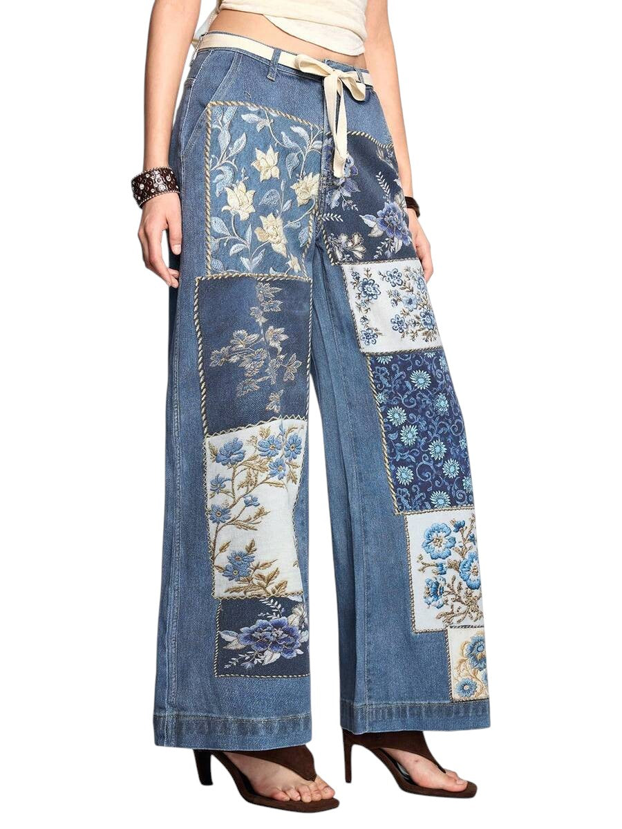 Vintage Patchwork Print Medium Wash Straight Leg Denim Jeans