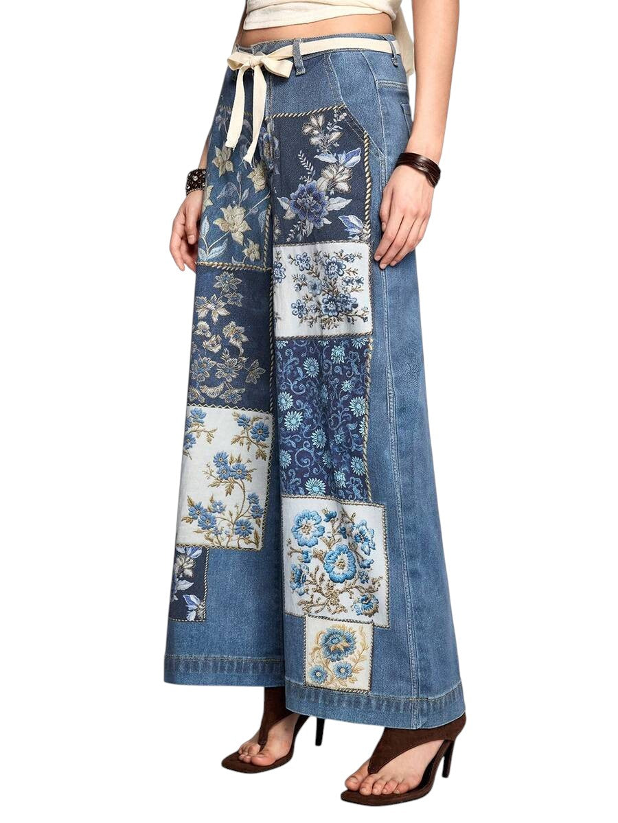 Vintage Patchwork Print Medium Wash Straight Leg Denim Jeans