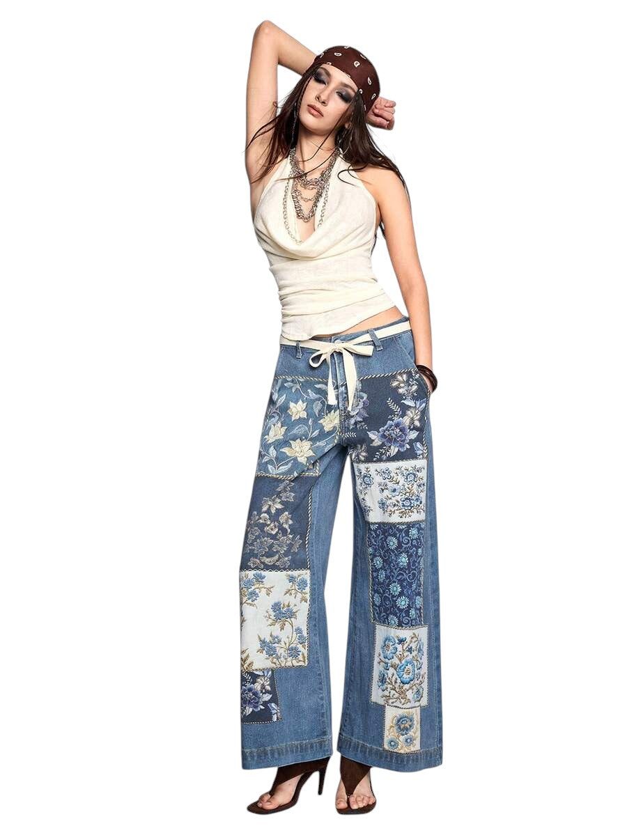Vintage Patchwork Print Medium Wash Straight Leg Denim Jeans