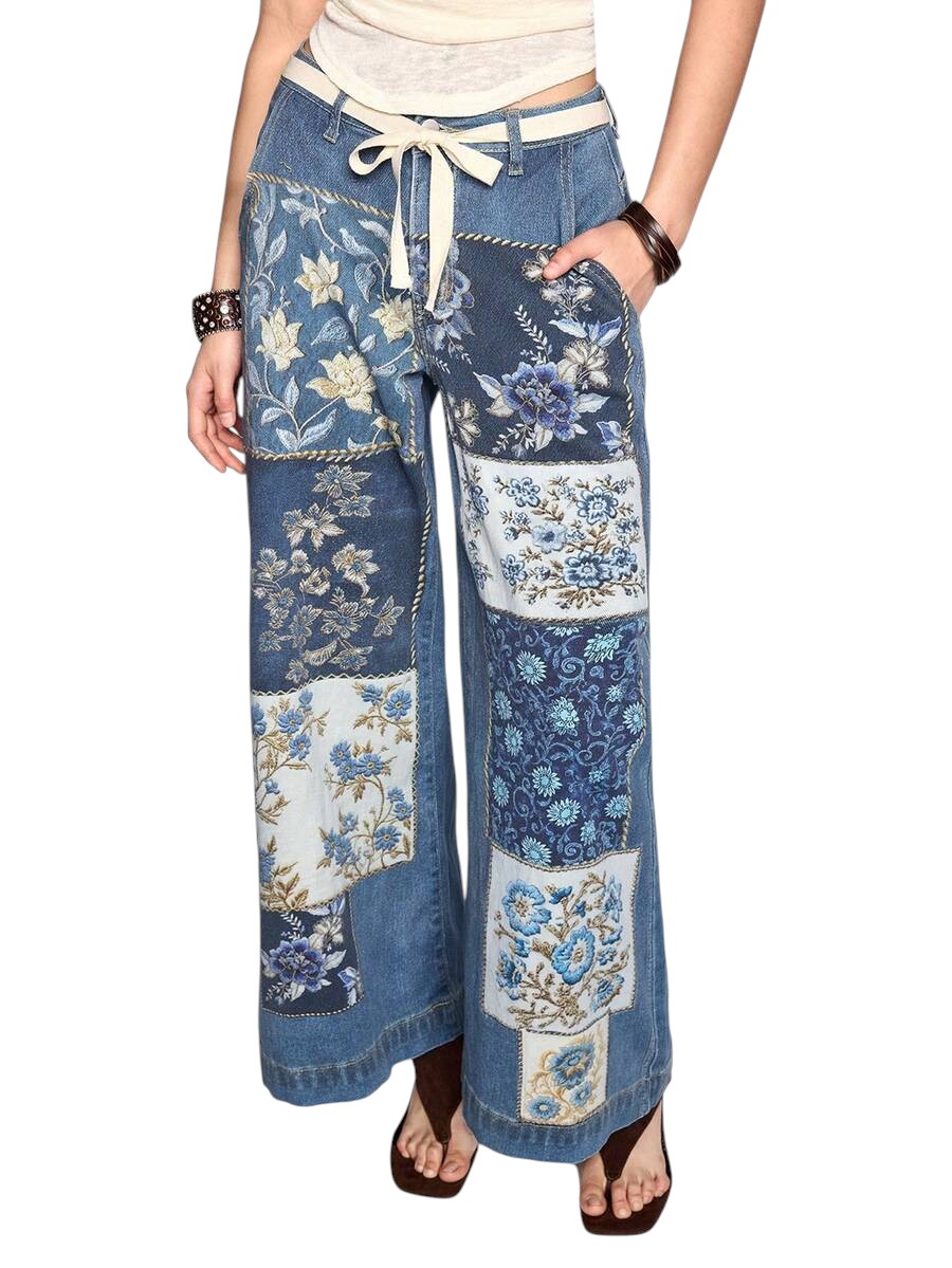 Vintage Patchwork Print Medium Wash Straight Leg Denim Jeans