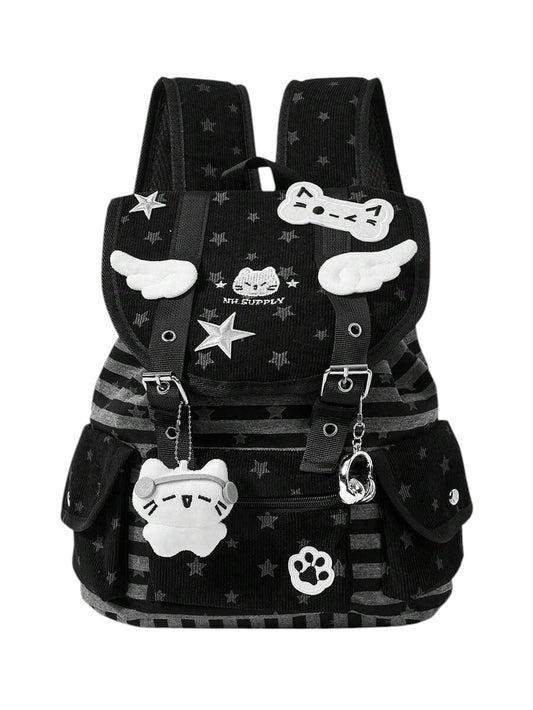Punk Cat Paw Wing Multi-Pocket Striped Backpack with Star Accents