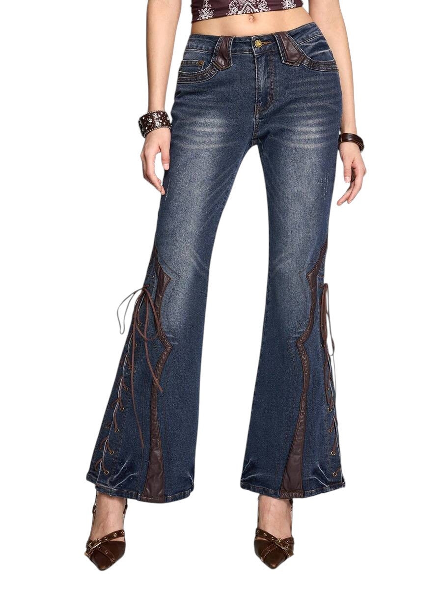 Vintage Patchwork Leather Lace-Up Flare Denim Jeans for Women