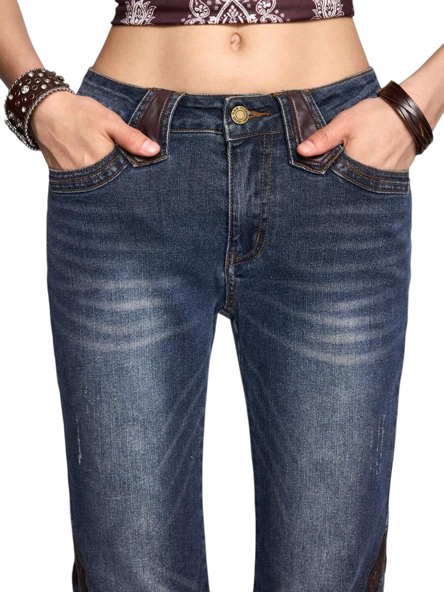 Vintage Patchwork Leather Lace-Up Flare Denim Jeans for Women