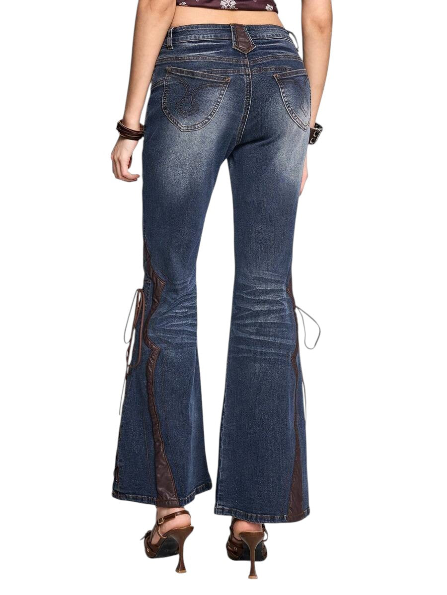 Vintage Patchwork Leather Lace-Up Flare Denim Jeans for Women