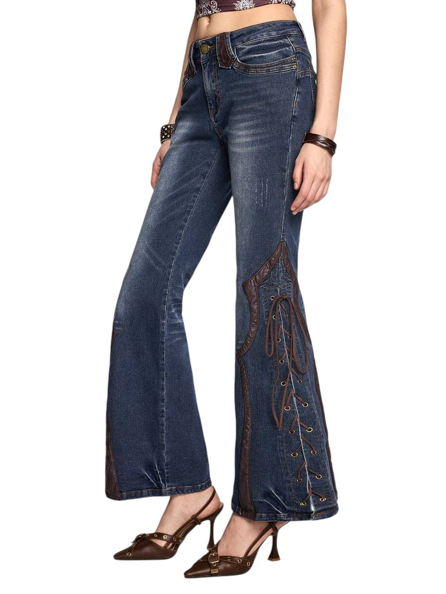 Vintage Patchwork Leather Lace-Up Flare Denim Jeans for Women