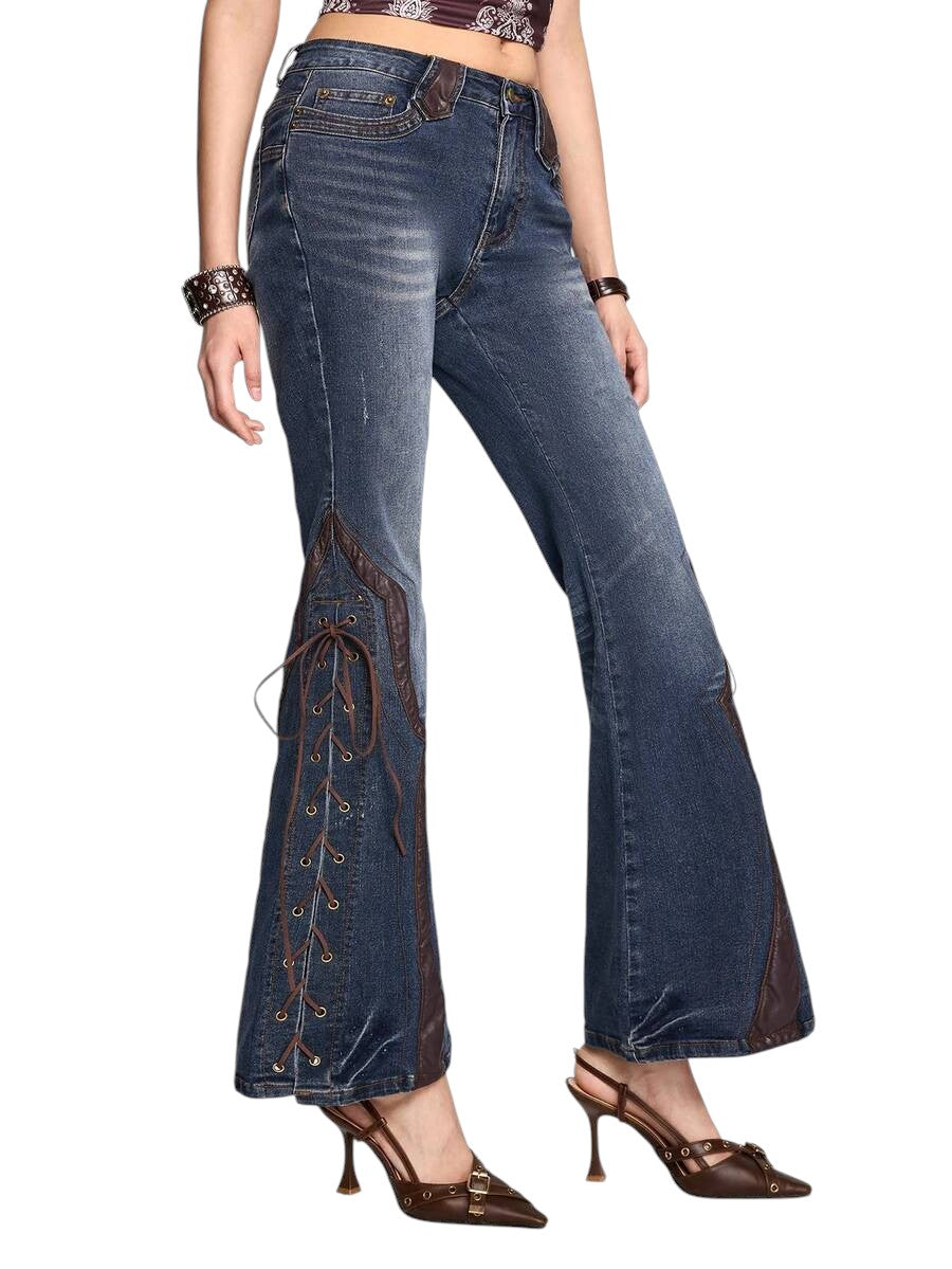 Vintage Patchwork Leather Lace-Up Flare Denim Jeans for Women