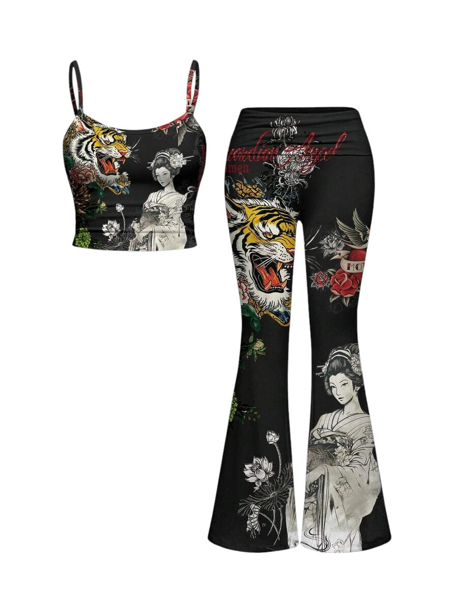 Oriental Tiger Graphic Cami Top & Low Waist Flared Pants Y2K Co-Ord Set