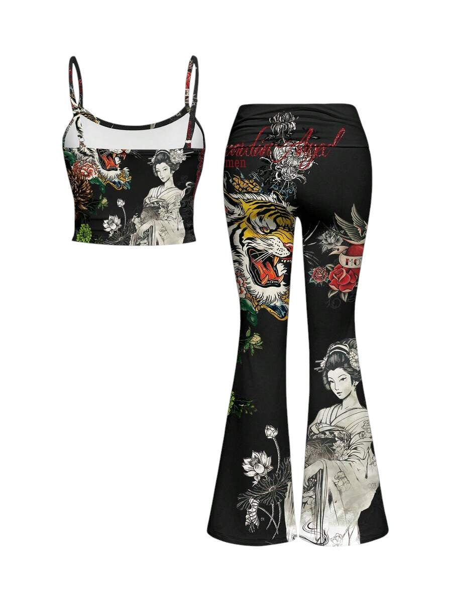 Oriental Tiger Graphic Cami Top & Low Waist Flared Pants Y2K Co-Ord Set