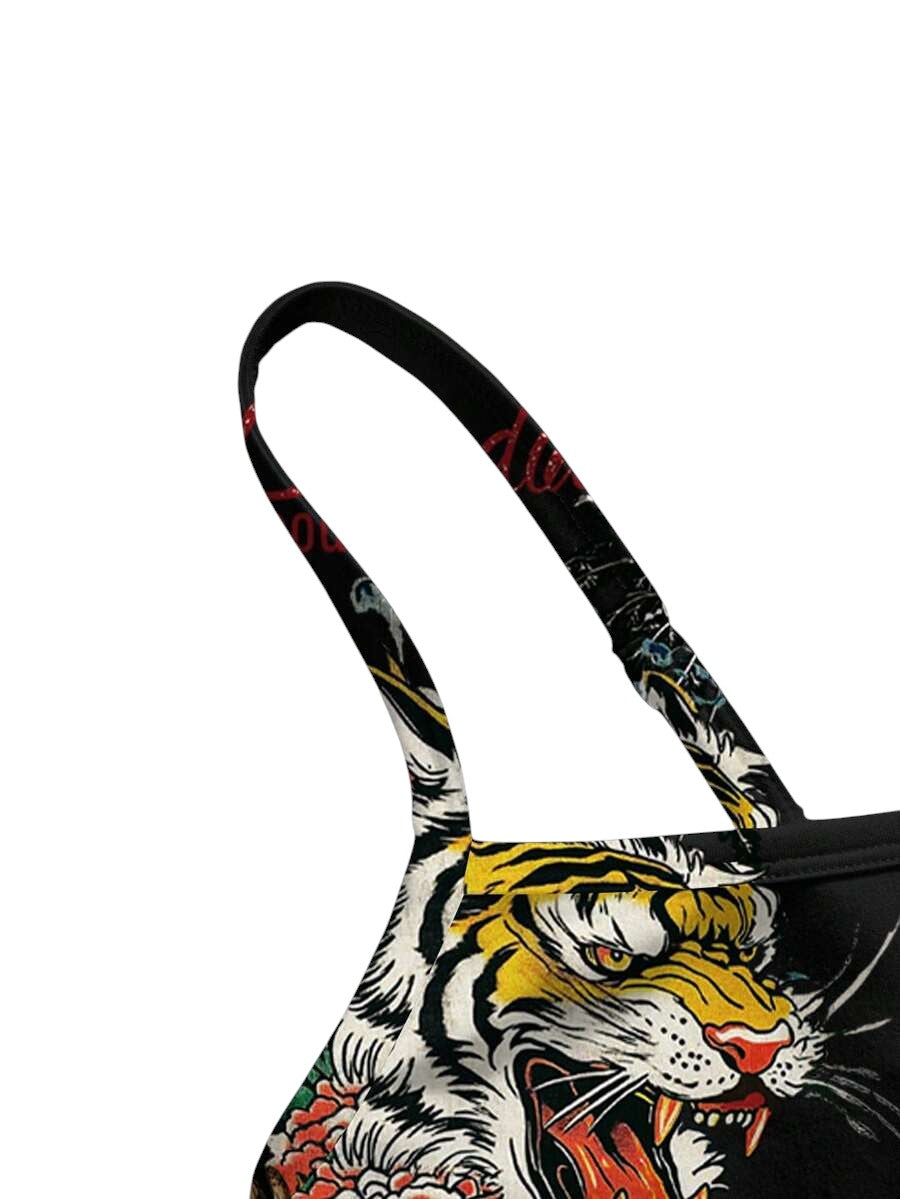 Oriental Tiger Graphic Cami Top & Low Waist Flared Pants Y2K Co-Ord Set