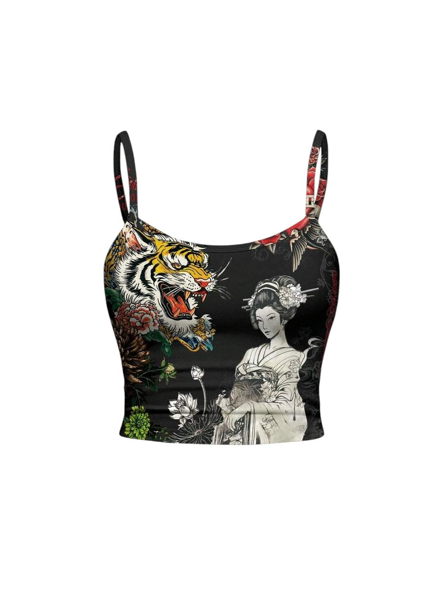 Oriental Tiger Graphic Cami Top & Low Waist Flared Pants Y2K Co-Ord Set